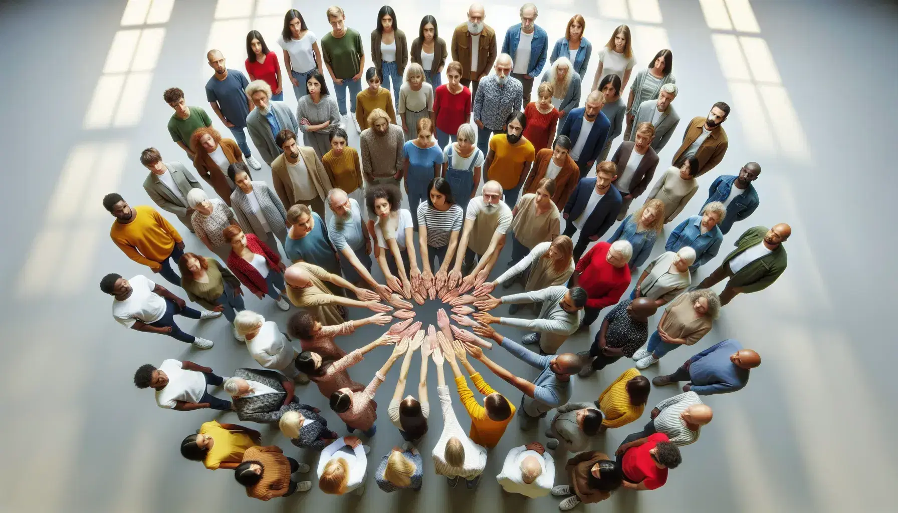 Grupo diverso de personas uniendo manos en señal de unidad, con expresiones serias y vestimenta variada, en un fondo neutro y desenfocado.