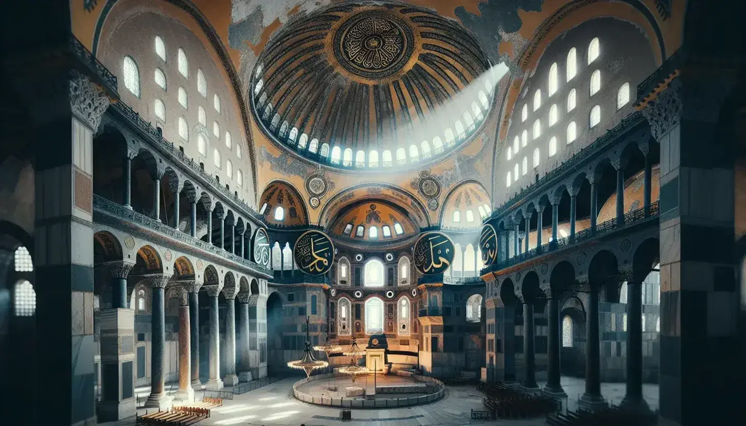 Interno della Hagia Sophia con cupola centrale sostenuta da archi, mosaici parziali e colonne di marmo policromo illuminate da luce naturale.