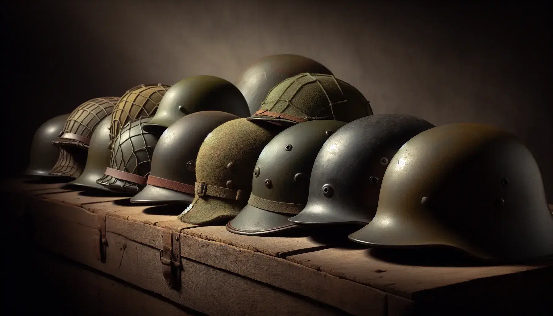 Colección de cascos militares de la Segunda Guerra Mundial de distintas naciones, alineados en superficie de madera desgastada.