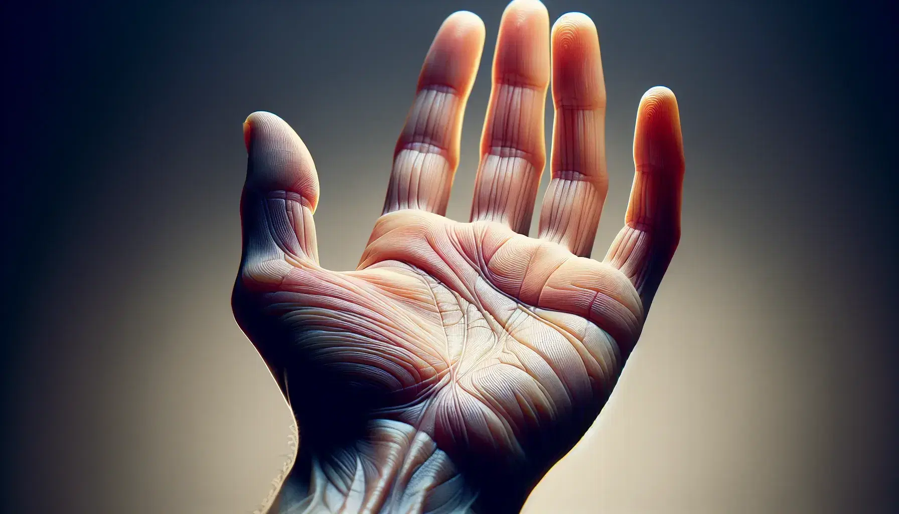Mano umana aperta con palmo in primo piano che mostra dettagli della pelle, linee e impronte digitali, in sfondo neutro sfocato.