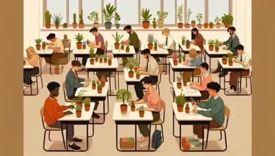 Multi-ethnic school classroom with students intent on taking care of different plants on the desks, in a bright and neutral-coloured environment.