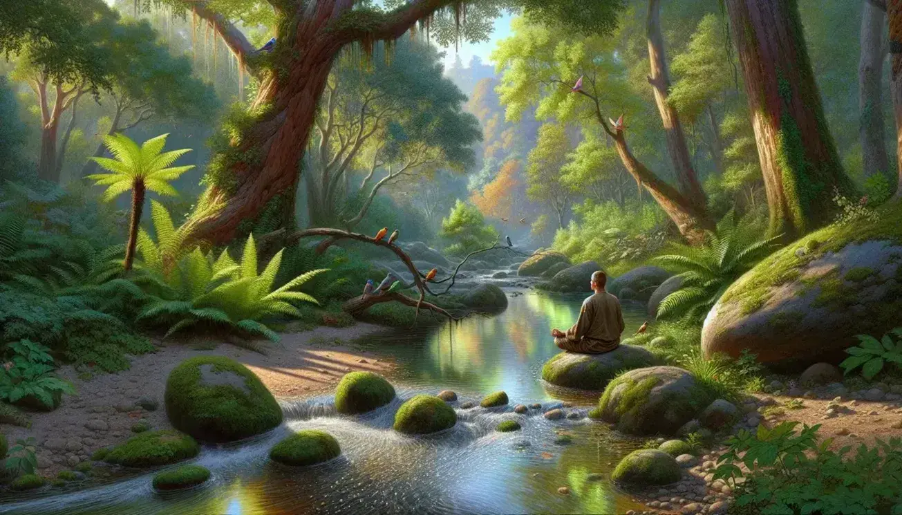 Man meditating on rock next to crystal clear stream in green forest, with colorful birds on branches and blue sky above.