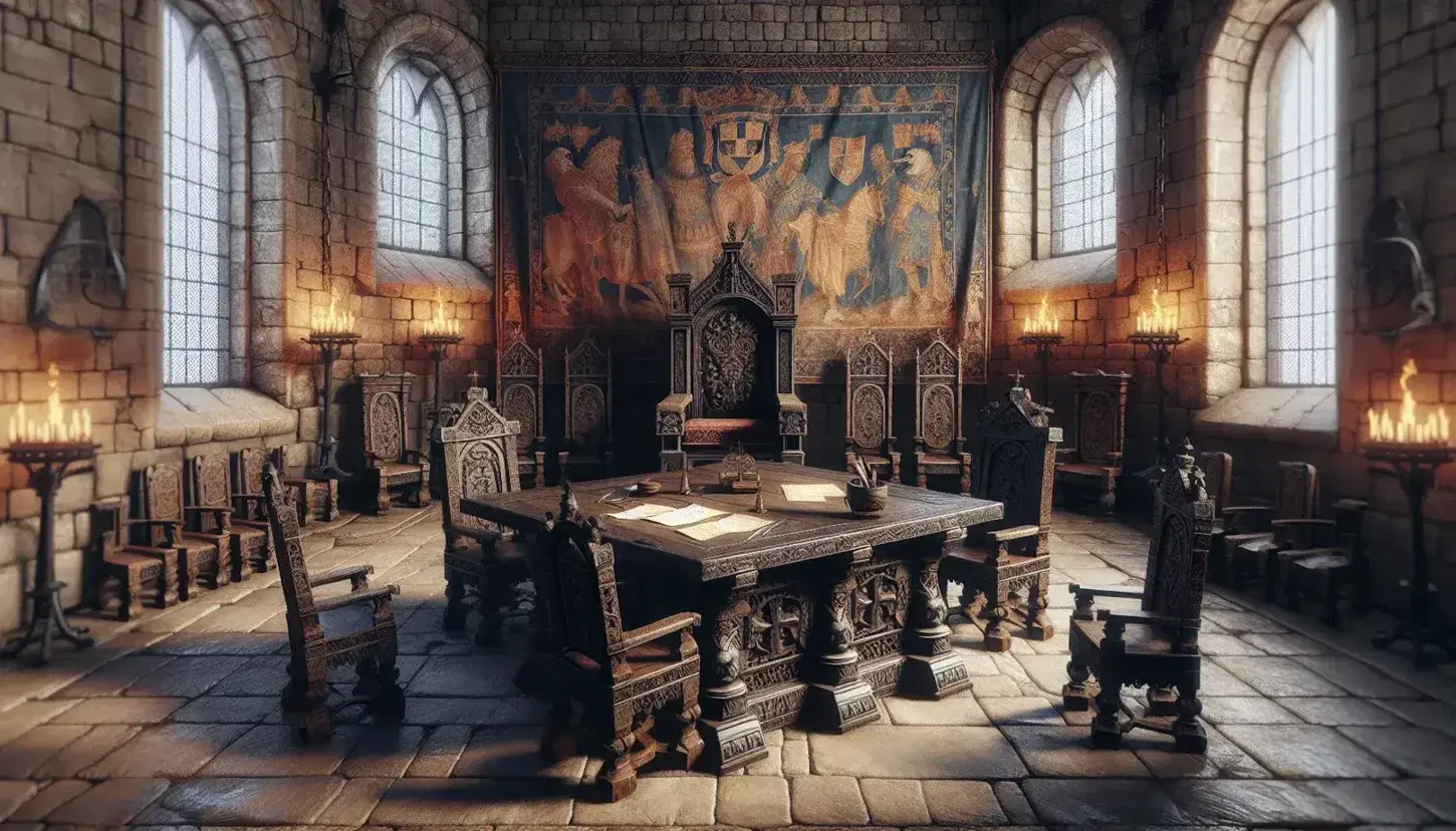 Sala giudiziaria medievale con tavolo in legno scuro, sedie intagliate, inchiostro e calamaio, trono rialzato e arazzi sulle pareti di pietra.