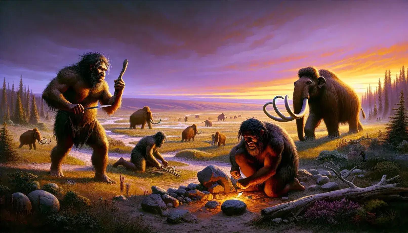 Paesaggio preistorico al tramonto con tre ominidi che lavorano su strumenti di pietra, mammut al pascolo e pitture rupestri.