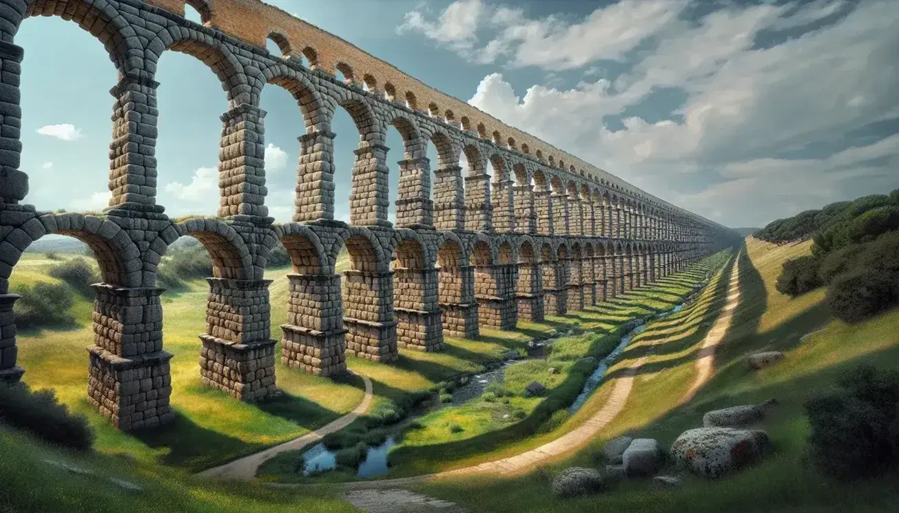 Acquedotto romano antico con archi in pietra beige serpeggia in paesaggio erboso sotto cielo azzurro con nuvole sparse.