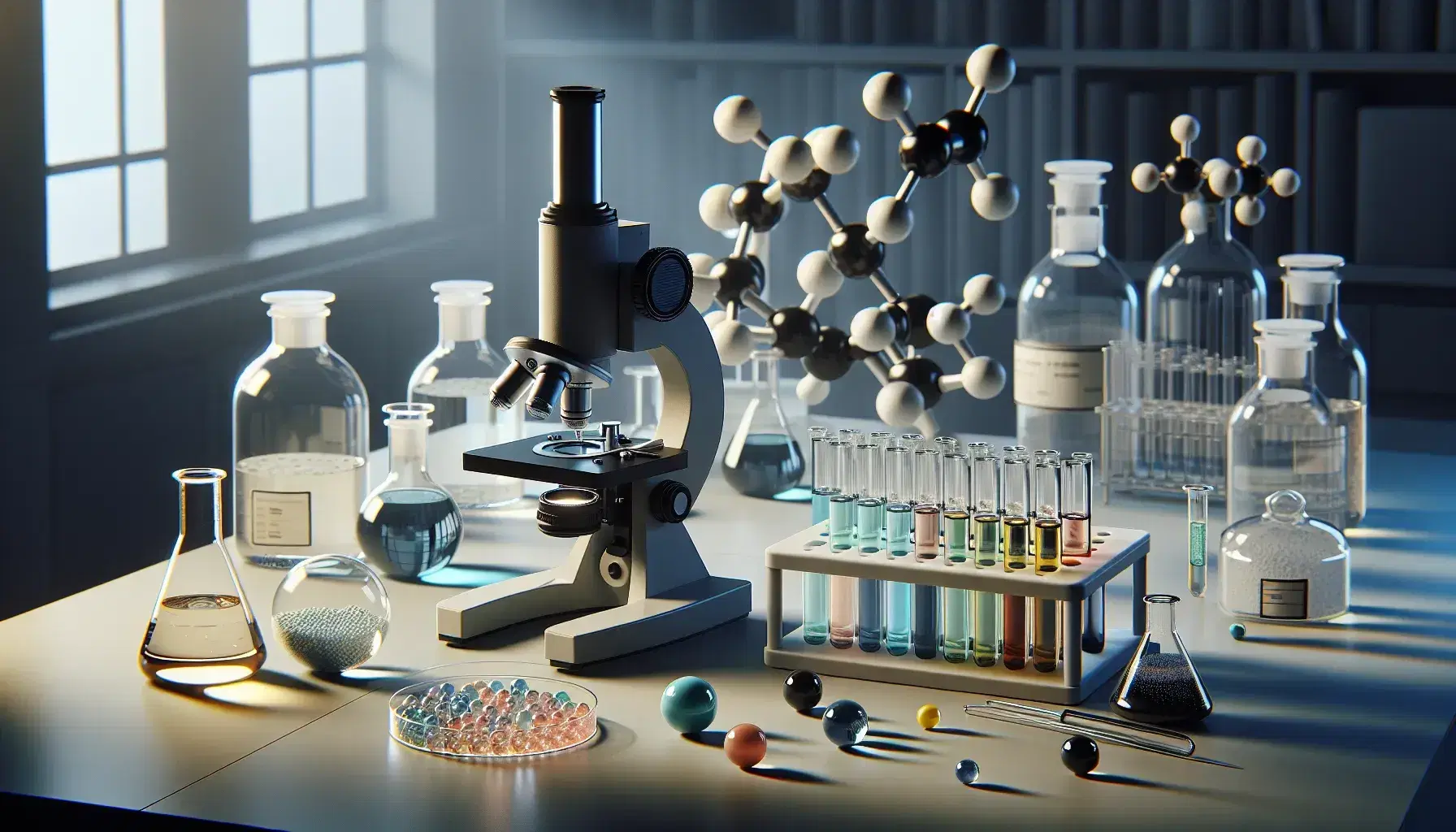 Tavolo da laboratorio con microscopio ottico, provette con liquidi colorati, piatto Petri, bottiglie di vetro e modello molecolare.