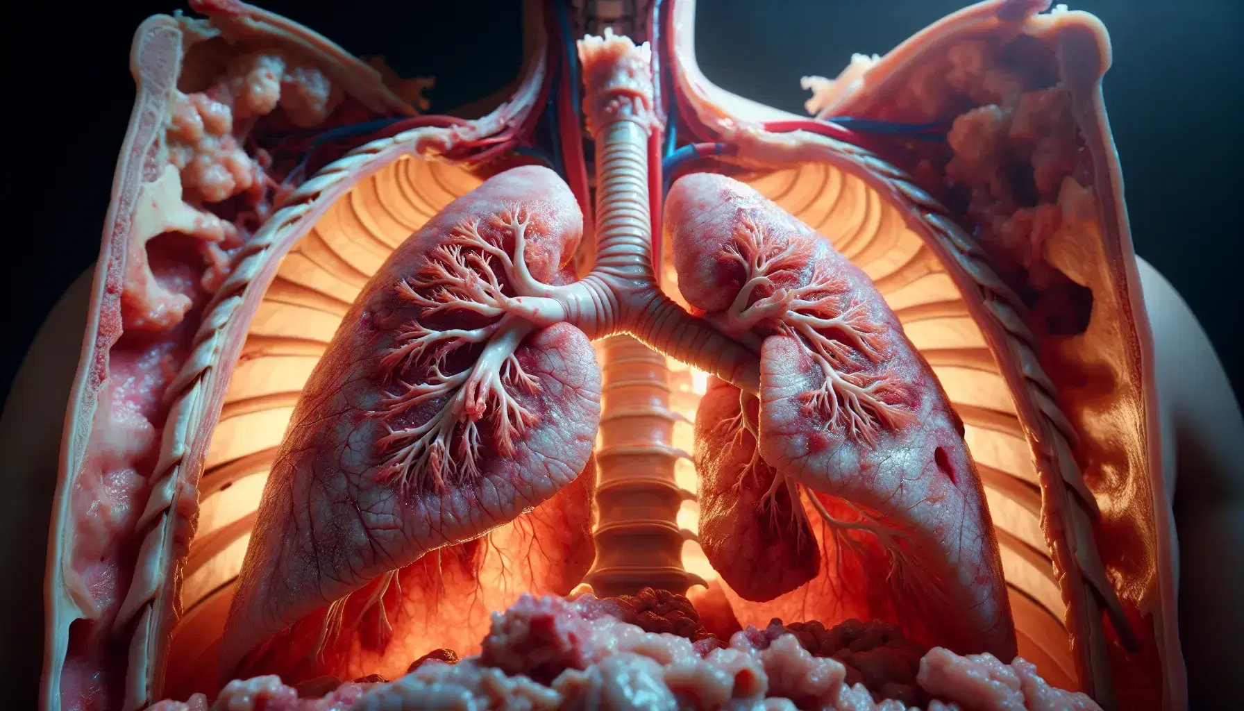 Pulmones humanos reales en primer plano dentro de una cavidad torácica abierta, mostrando textura esponjosa y coloración rosada con áreas rojas, rodeados de costillas y tejidos musculares.