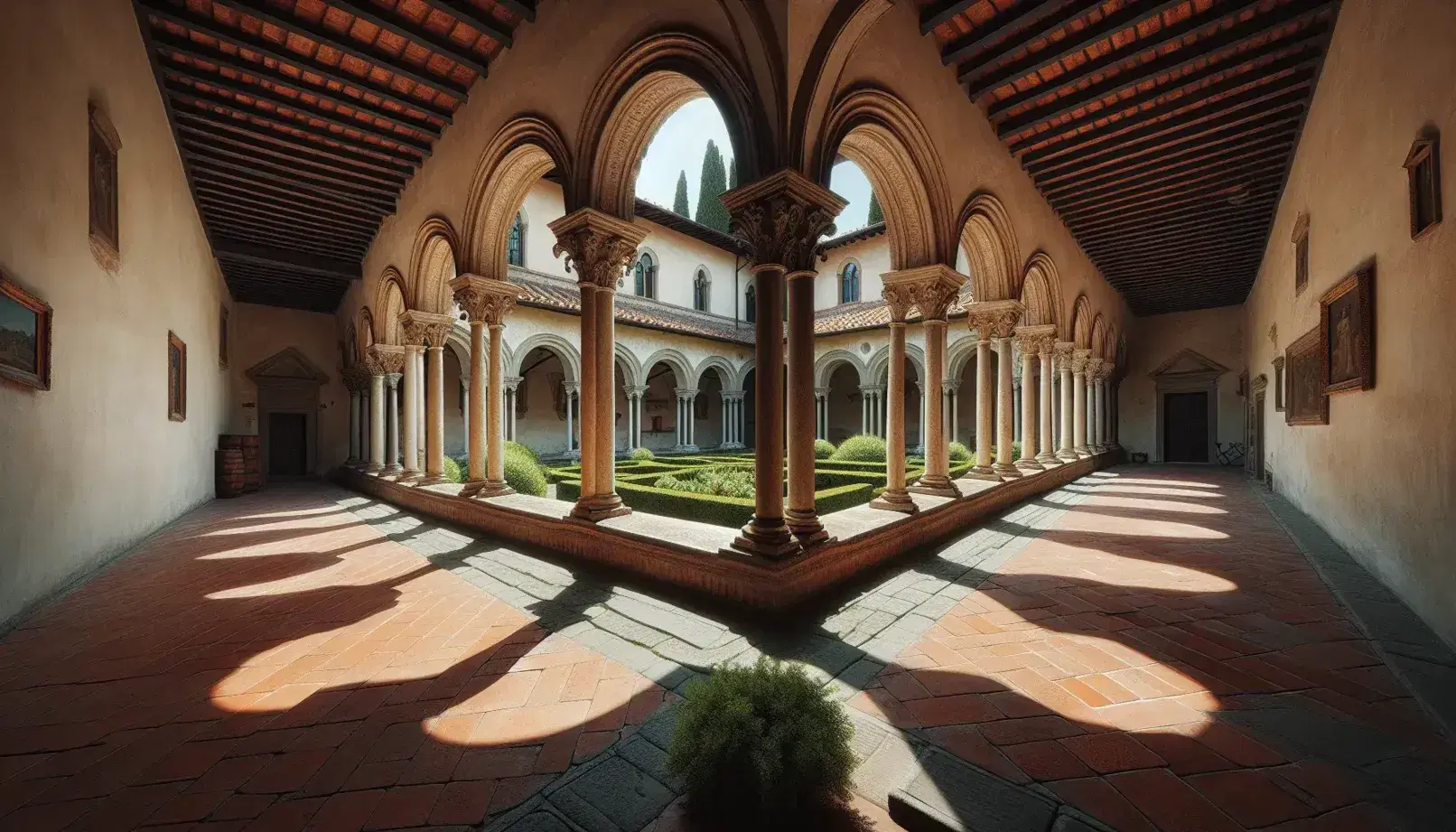 Chiostro del Convento di San Marco a Firenze, con portici ad archi, colonne in pietra, piastrelle terracotta e giardino visibile.
