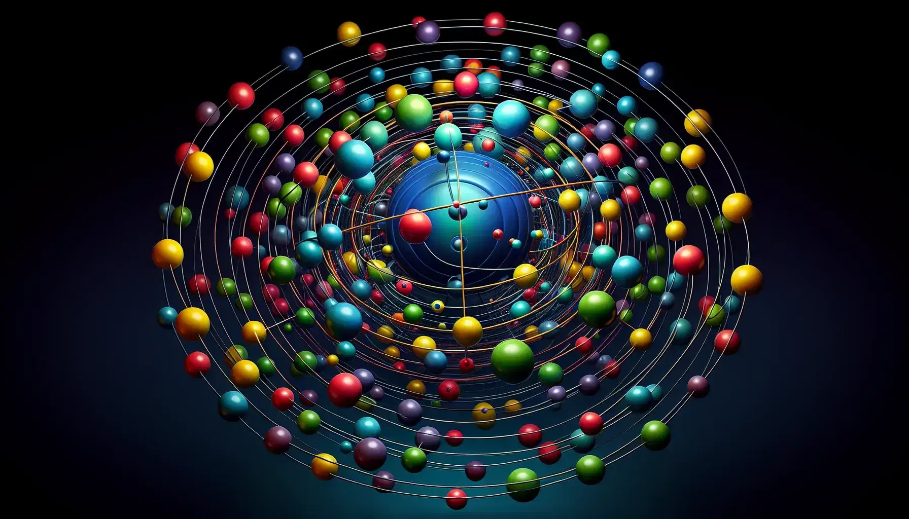 Struttura atomica stilizzata con nucleo blu e orbite di sfere colorate rappresentanti diversi livelli energetici su sfondo nero.
