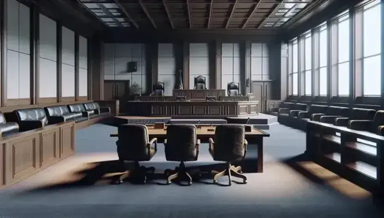 Interno di un'aula di tribunale vuota con scrivania del giudice in legno scuro, banchi per avvocati e testimoni, e moquette blu scura.