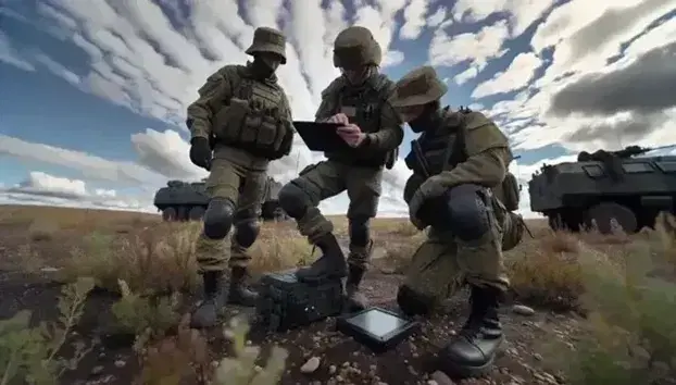 Tres militares en uniforme de camuflaje consultan una tableta electrónica en terreno irregular con vegetación baja y vehículo militar al fondo.