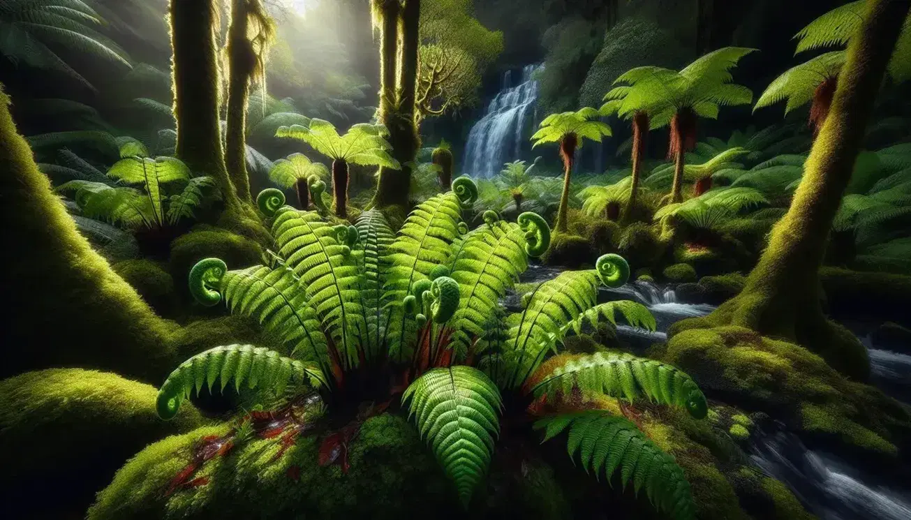 Paisaje natural con helechos brillantes en primer plano, cascada cristalina al fondo y aves coloridas entre la vegetación.
