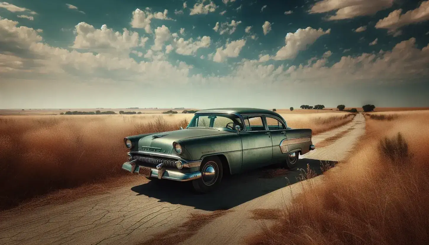Vintage 1950s green American sedan parked on a dusty rural road amidst golden grass under a clear blue sky, with sparse distant trees.
