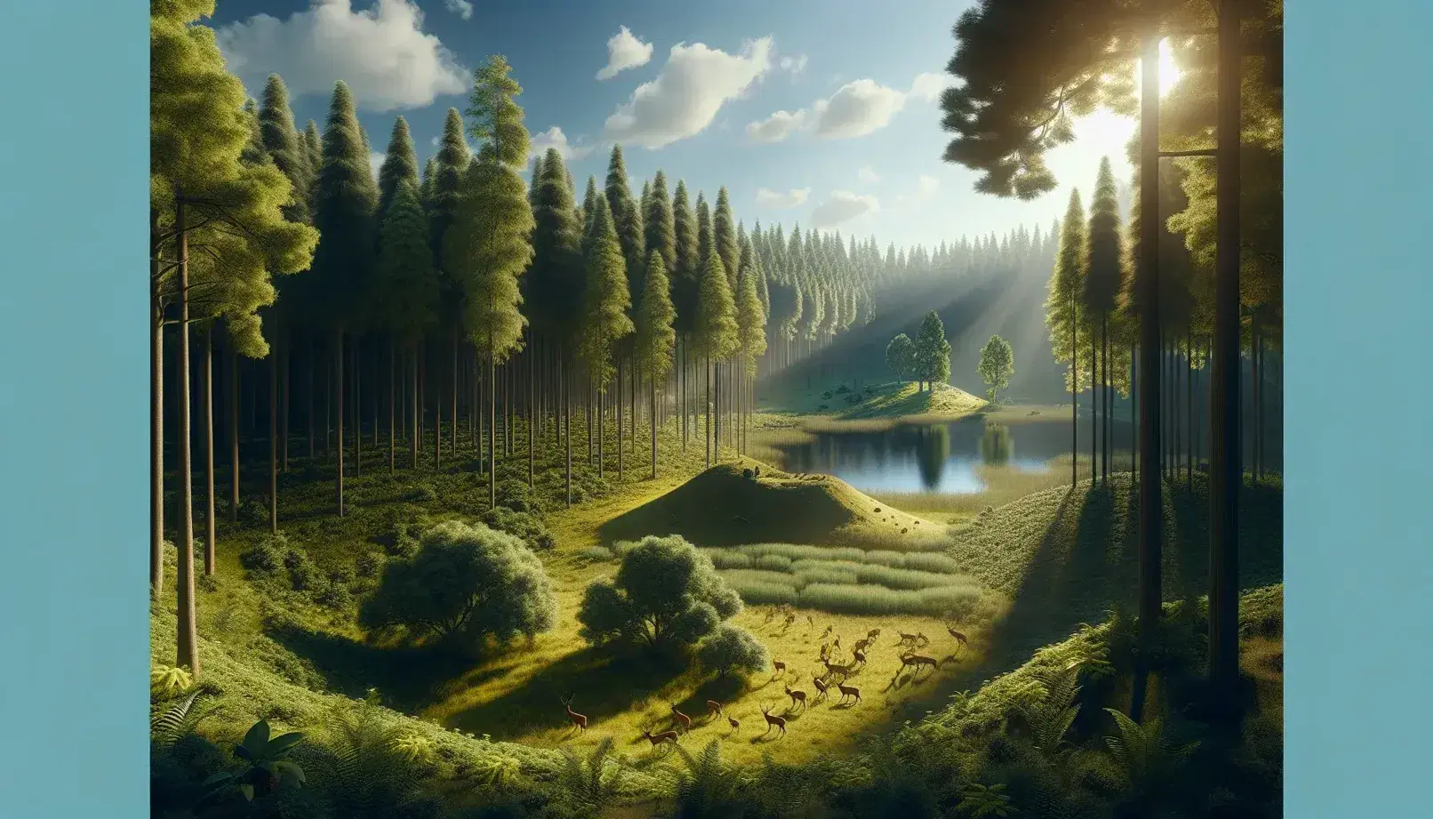 Bosque denso con ciervos pastando en un claro, rayos de sol filtrándose entre árboles, lago sereno al fondo y cielo azul reflejado.
