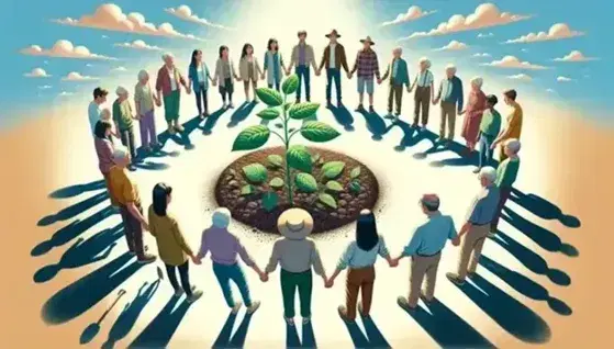 Grupo diverso de personas en círculo alrededor de una planta joven bajo cielo azul, reflejando cuidado y unidad con la naturaleza.