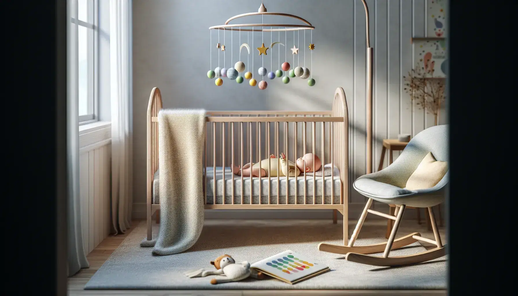 Peaceful scene of a baby's bedroom with a wooden crib, baby in a yellow onesie, colorful furniture, rocking chair and brown teddy bear.