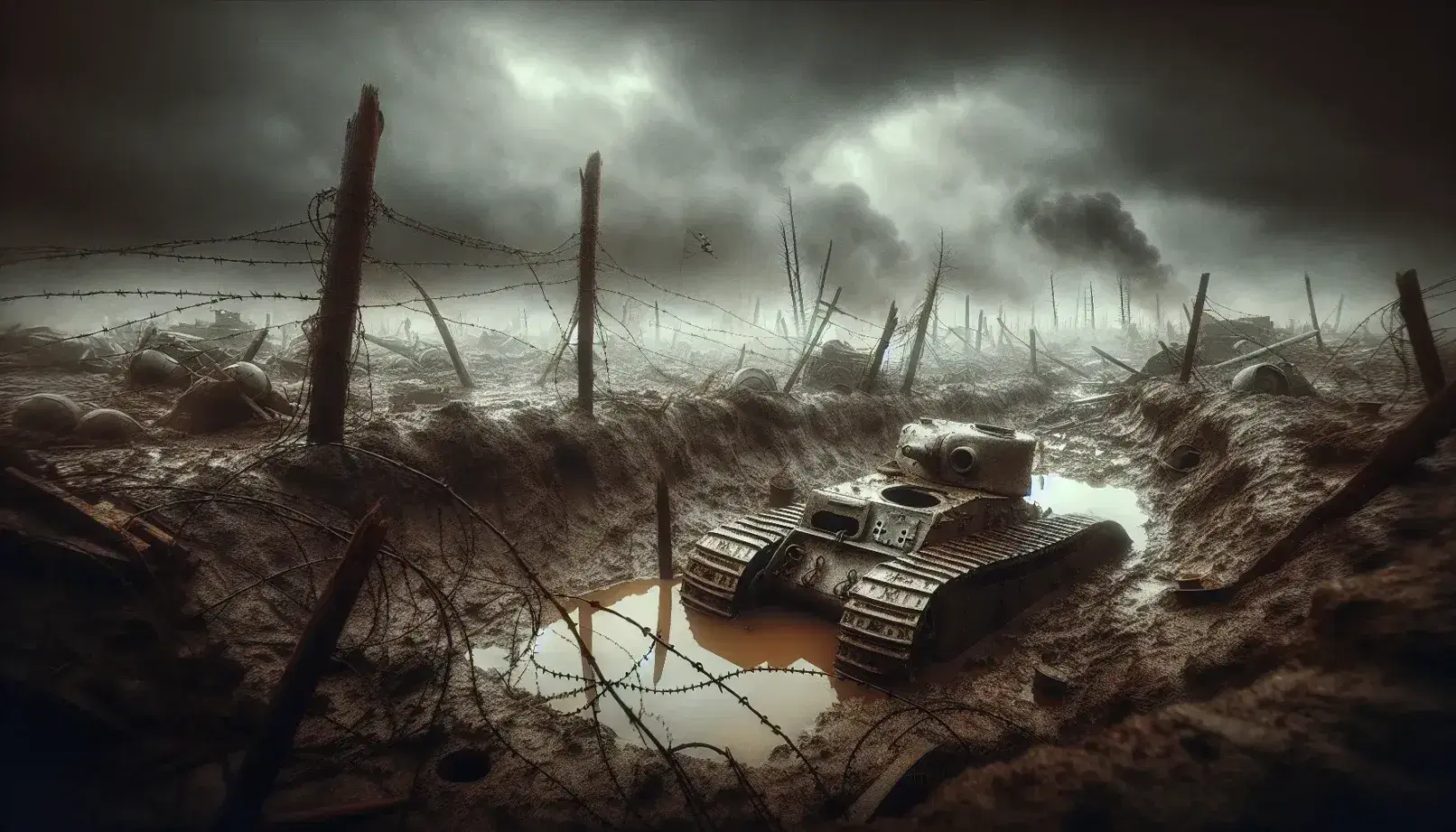 Campo di battaglia della Prima Guerra Mondiale con filo spinato, crateri, carro armato danneggiato e soldati sfiniti sullo sfondo.