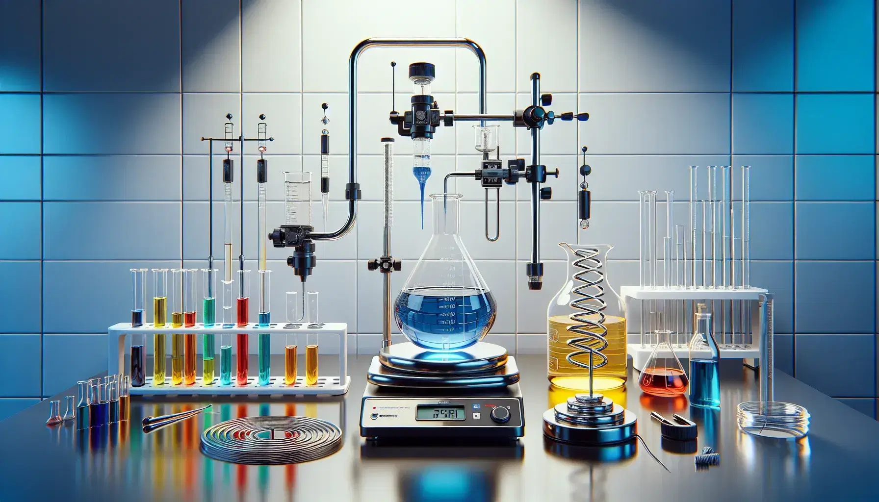 Banco laboratorio illuminato con stand universale, buretta con liquido blu, becher con liquido giallo, agitatore magnetico, provette colorate e bilancia digitale.