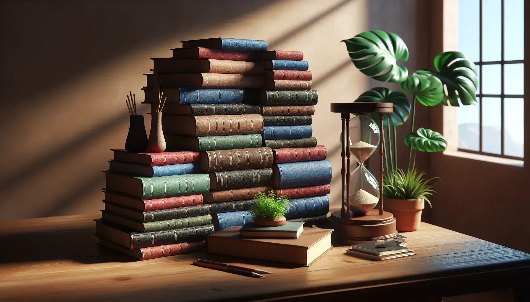 Montón de libros de diversos colores apilados en una mesa de madera con un reloj de arena y una planta verde al fondo, bajo una luz natural suave.
