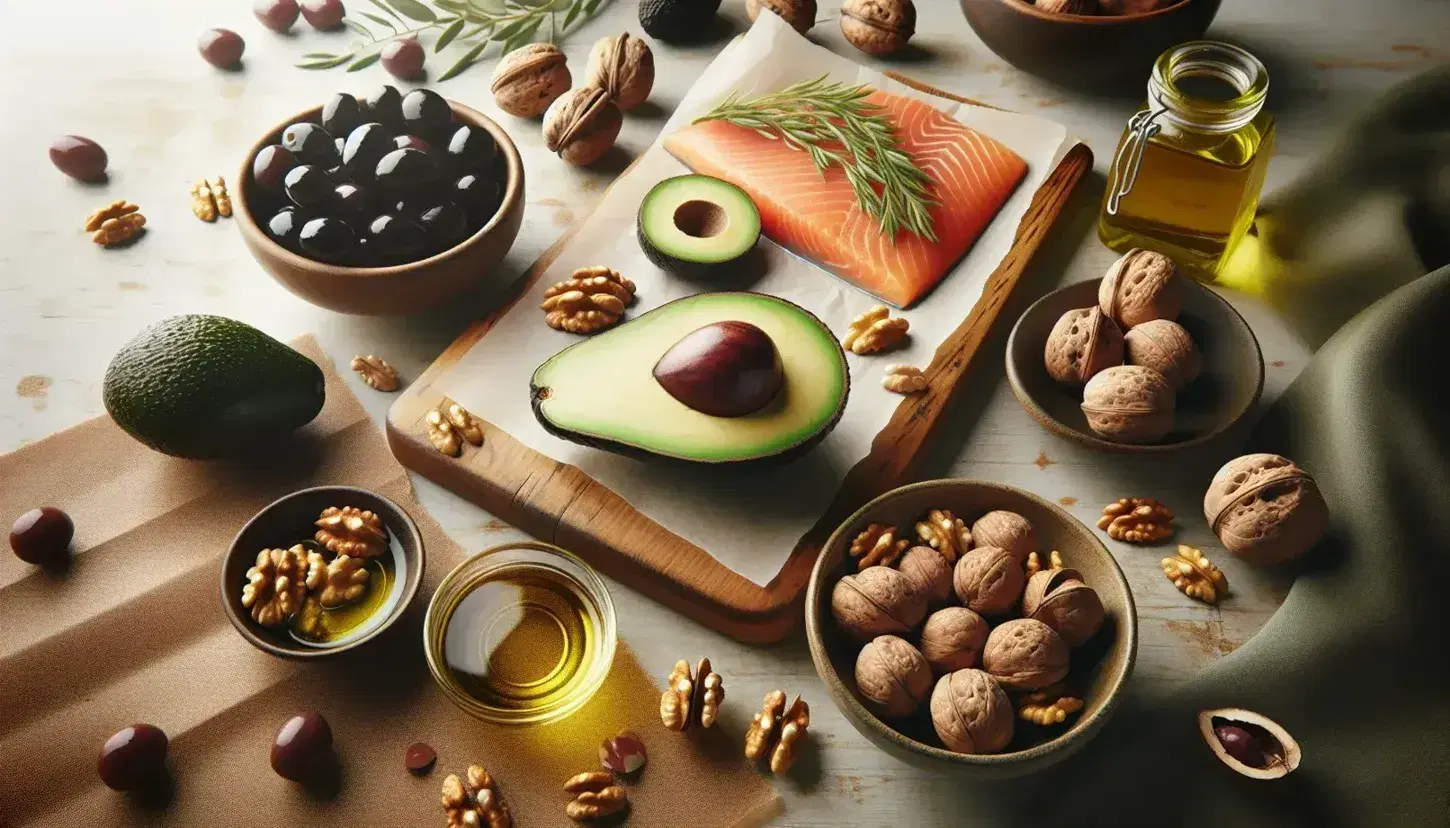 Aguacate partido con semilla visible, filete de salmón en papel encerado, nueces de cáscara marrón, aceitunas negras en cuenco y aceite dorado en tarro de vidrio sobre fondo de madera.