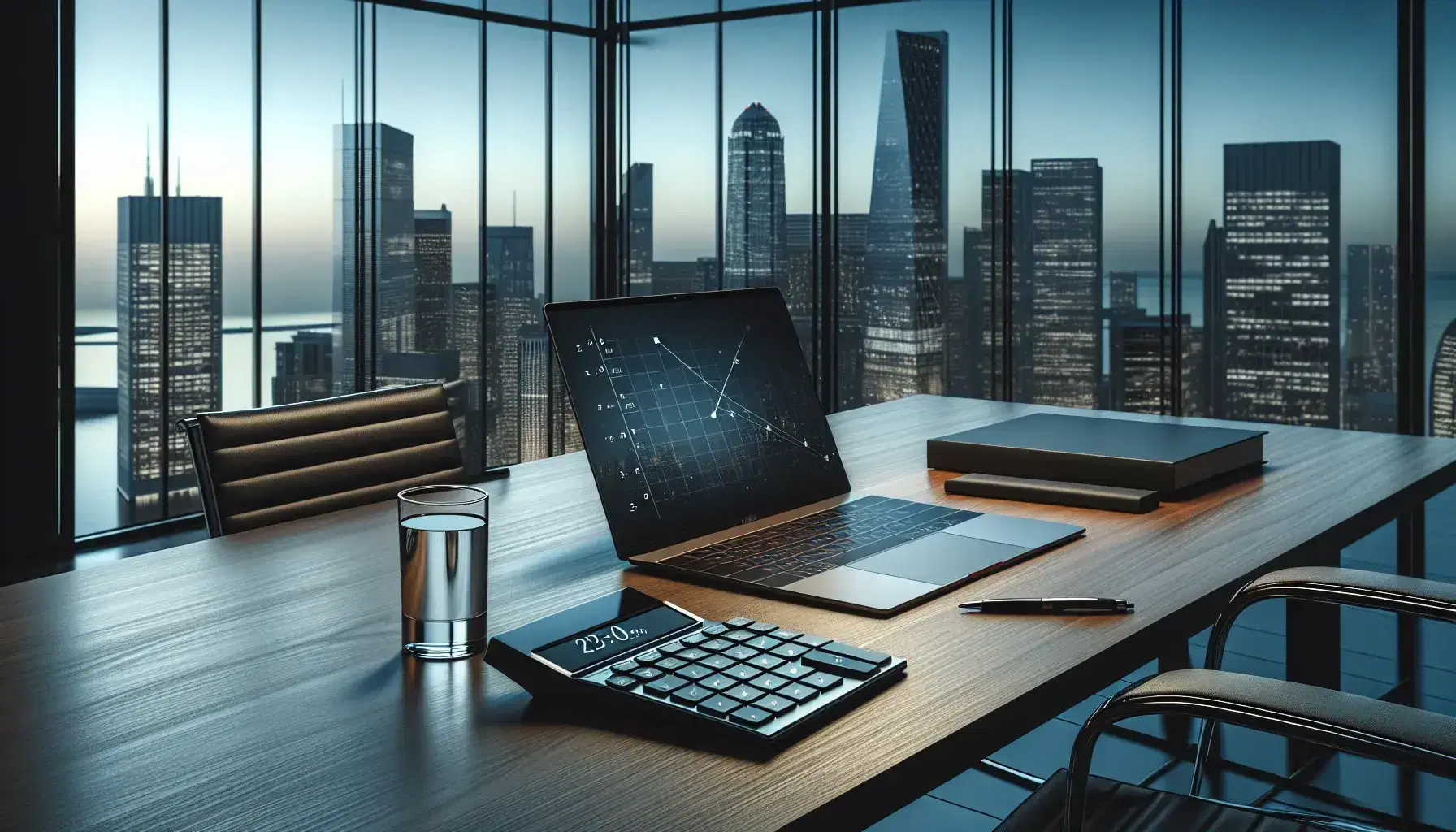 Modern office with a central wooden table featuring a laptop, graphing calculator, and glass of water, with a cityscape view through a panoramic window.