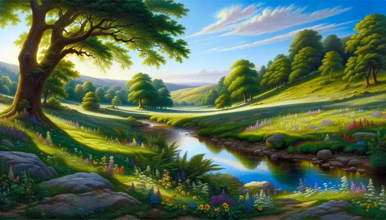 Serene meadow with wildflowers, a reflective stream, and rolling hills under a gradient blue sky, embodying the tranquility of Eberhart's poetry.