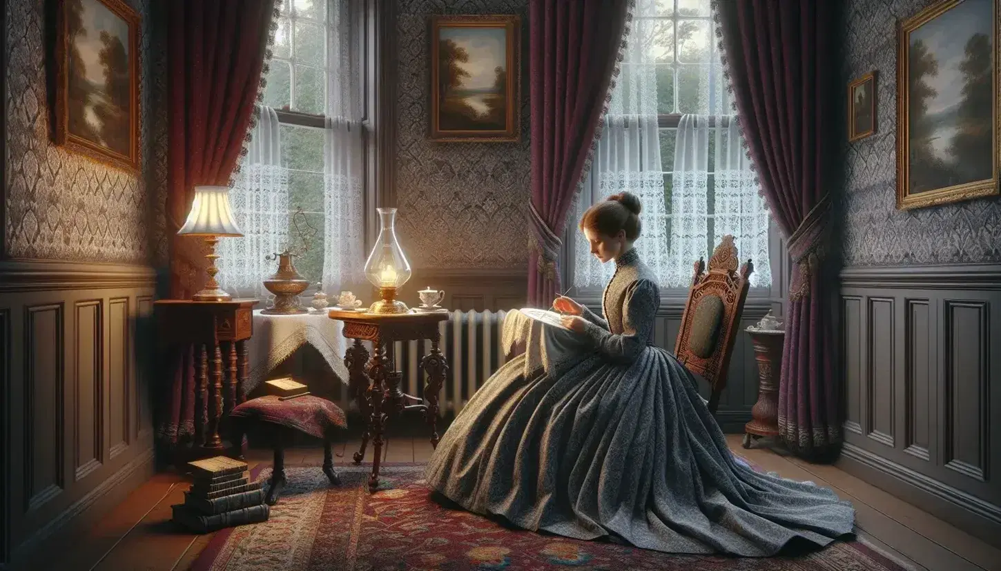 Victorian-era woman embroidering in a parlor with a kerosene lamp, silver tea set, and heavy curtains, surrounded by antique furniture and decor.