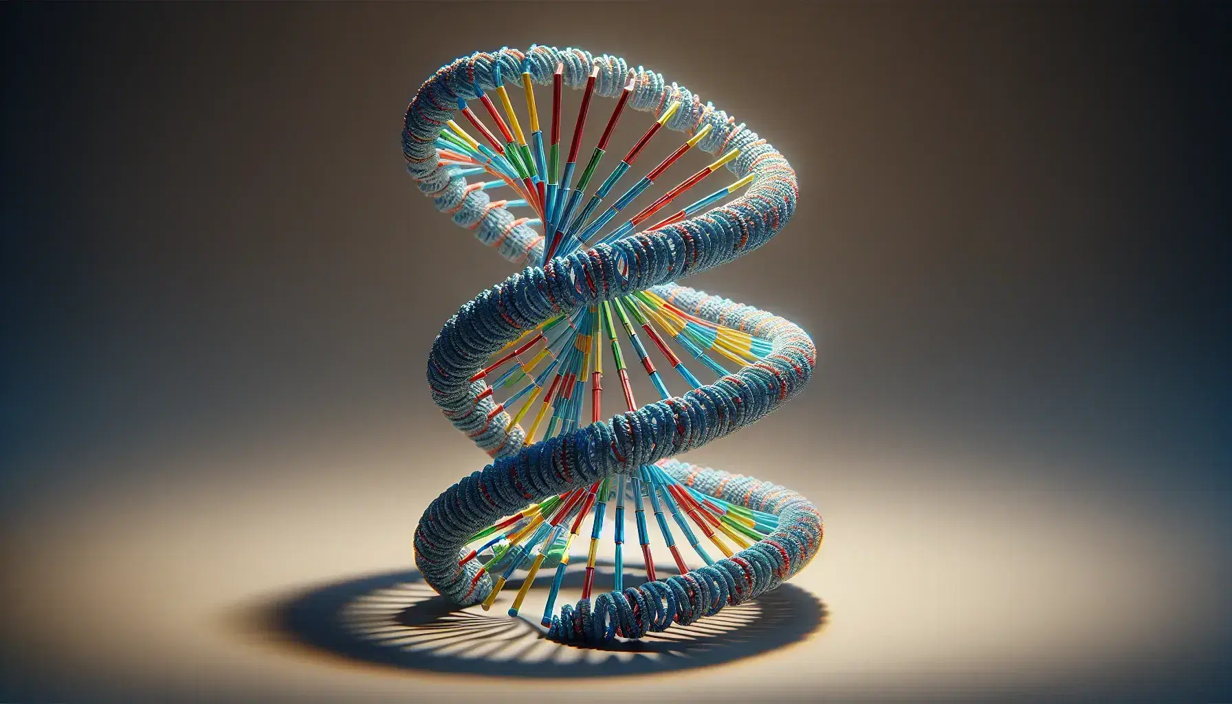 Modelo tridimensional detallado de una doble hélice de ADN con cadenas entrelazadas y pares de bases en colores vivos sobre fondo neutro.