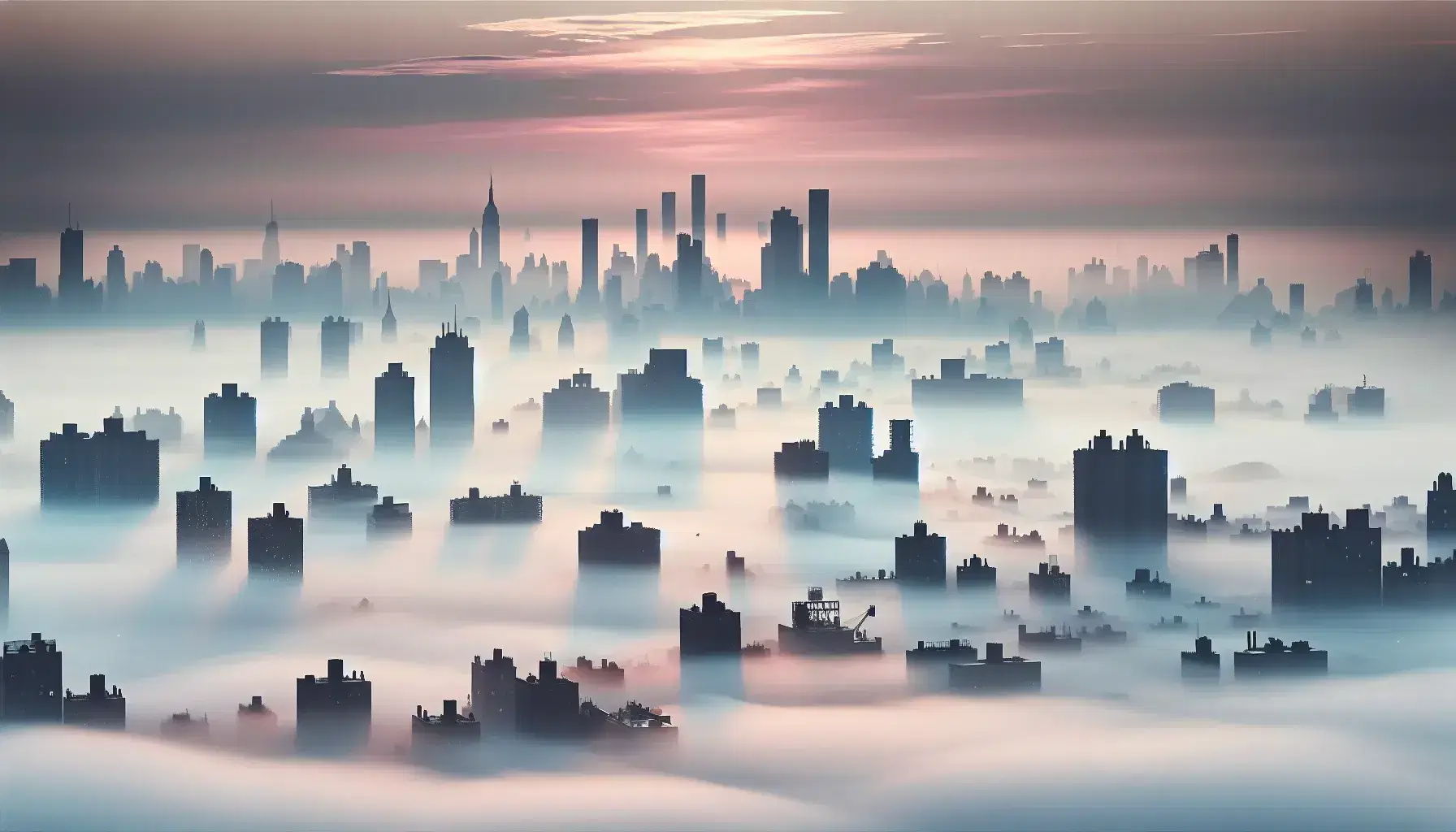 Dawn breaks over a fog-covered cityscape with silhouetted buildings and a distant bridge, under a sky with a gradient from pink to light blue.