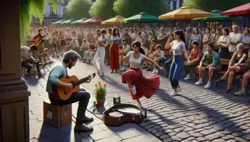 Grupo diverso disfrutando de arte callejero en plaza adoquinada con hombre tocando guitarra, mujer bailando y artista pintando.