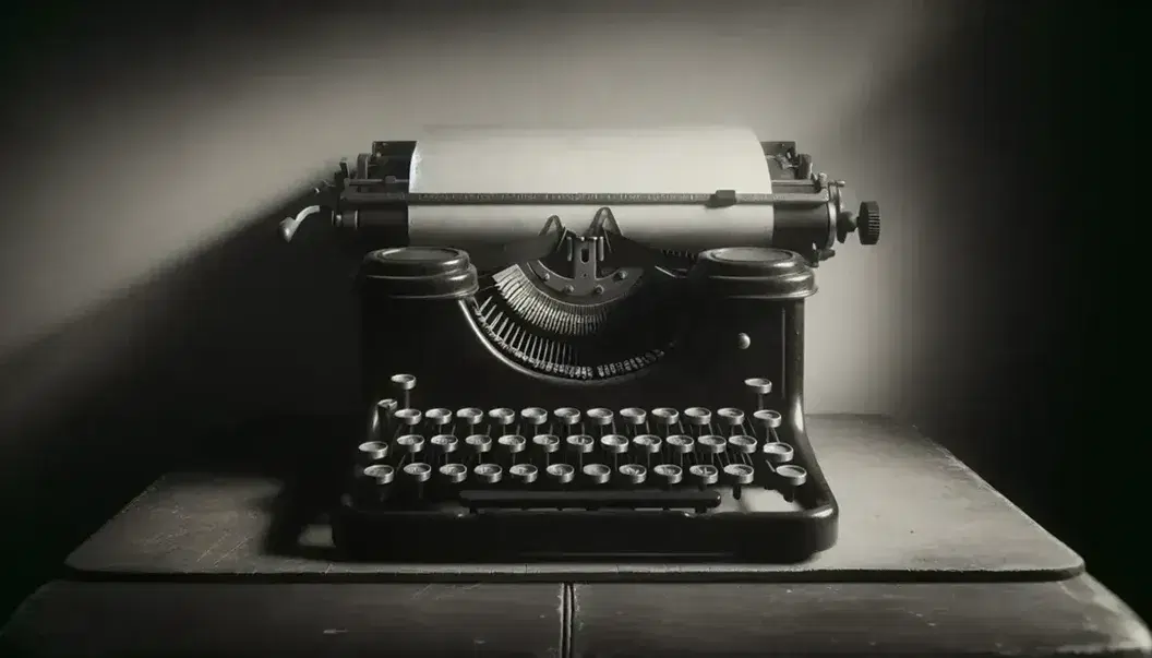 Vintage mid-20th-century typewriter on a worn wooden desk with blank paper, round keys, and a carriage return lever, in a softly lit setting.