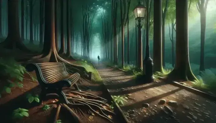 Sentiero sterrato in foresta rigogliosa con panchina in legno, lampione e figura umana in lontananza, tra giochi di luce e ombre.