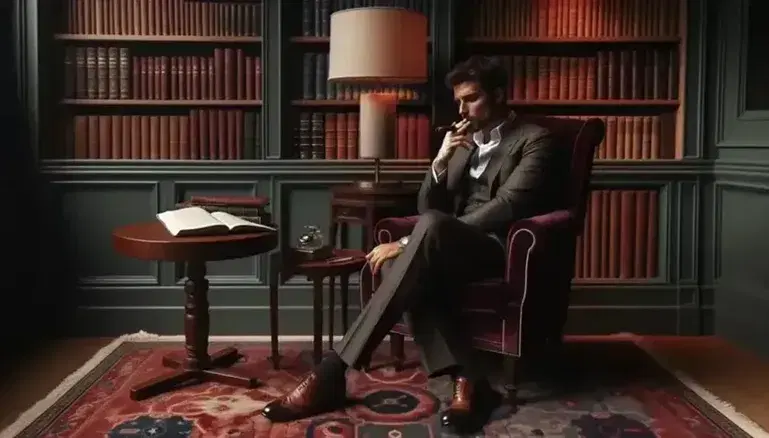 Uomo pensieroso seduto su poltrona velluto bordeaux con sigaro in mano, accanto a tavolino con quaderno e penna, sfondo libreria e tappeto persiano.