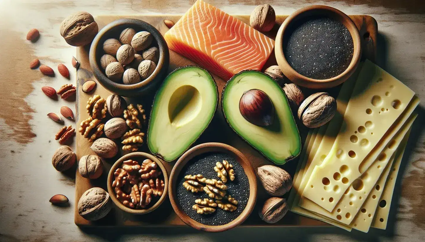Variedad de alimentos saludables con aguacate, nueces, semillas de chía, salmón y queso sobre fondo de madera iluminado naturalmente.