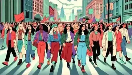 Gruppo eterogeneo di donne in marcia su strada cittadina, esprimendo determinazione e unità, con edifici e alberi sullo sfondo.