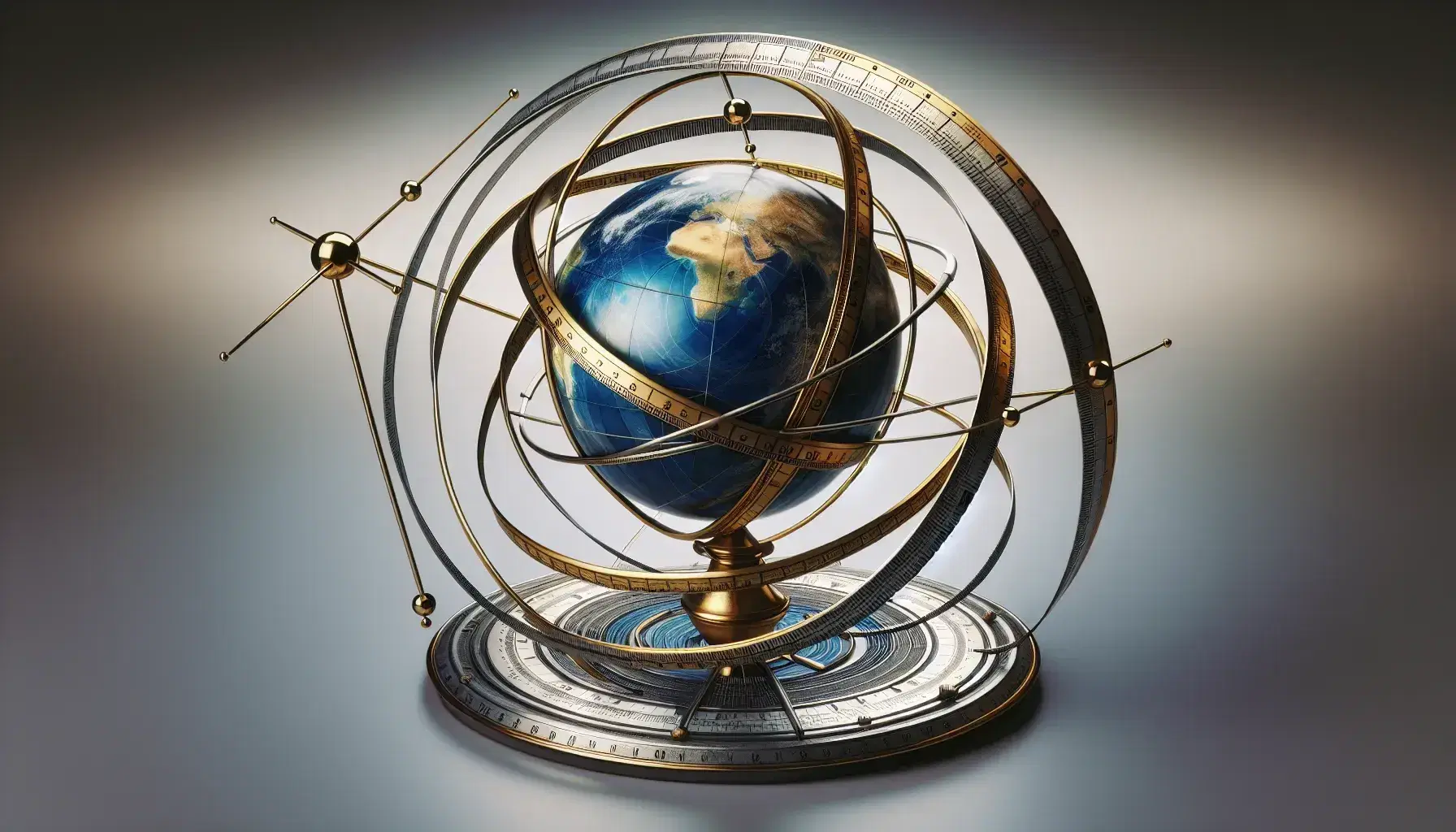 Armillary sphere with concentric metallic rings representing celestial circles on a mahogany stand against a gradient blue background.
