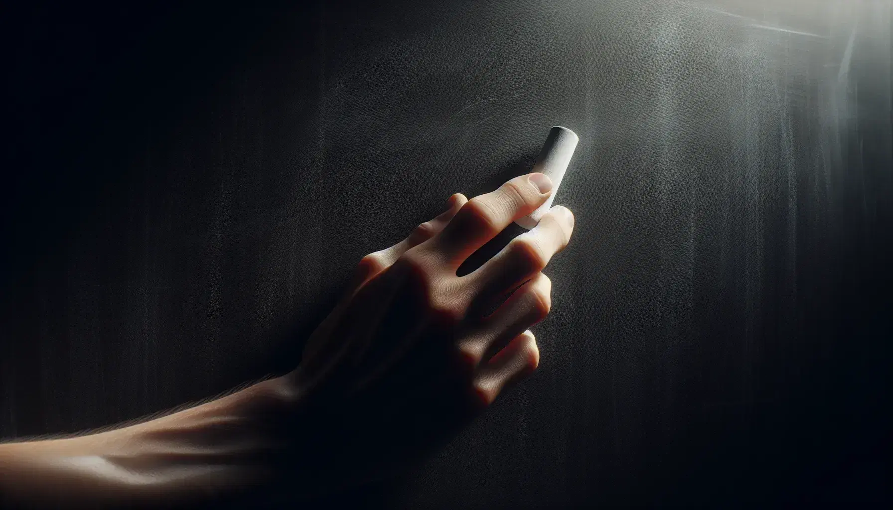 Close-up of a hand holding a white chalk ready to write on a clean black board, with soft shadows and shades of black.