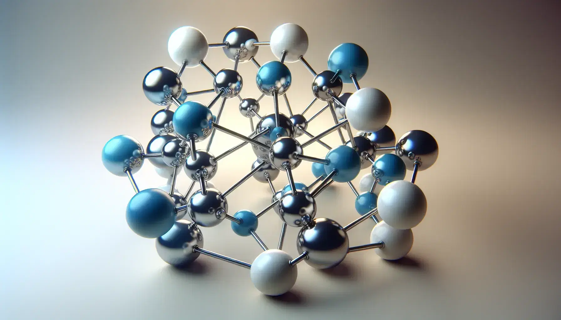 Estructura molecular tridimensional con esferas azules centrales conectadas por varillas metálicas a esferas blancas periféricas sobre fondo neutro.