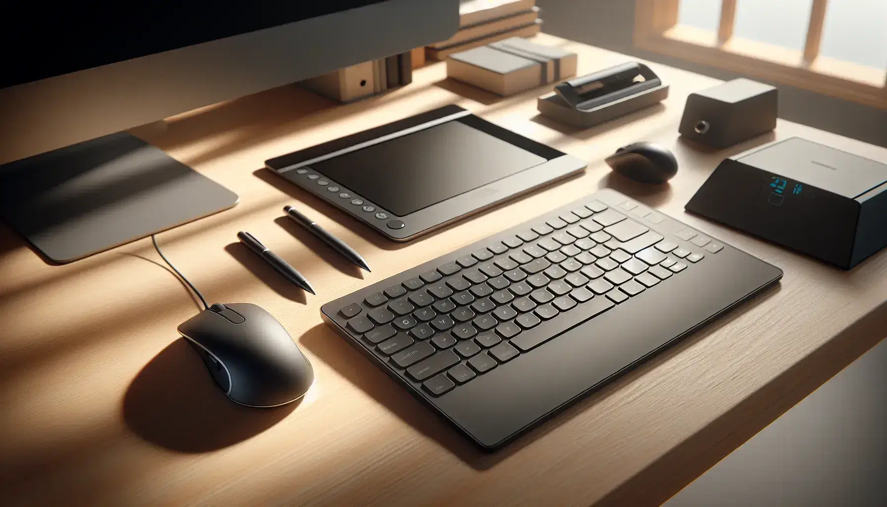 Escritorio de oficina con teclado, ratón ergonómico, tableta digital con lápiz y escáner plano, todo bajo luz natural que crea sombras suaves.