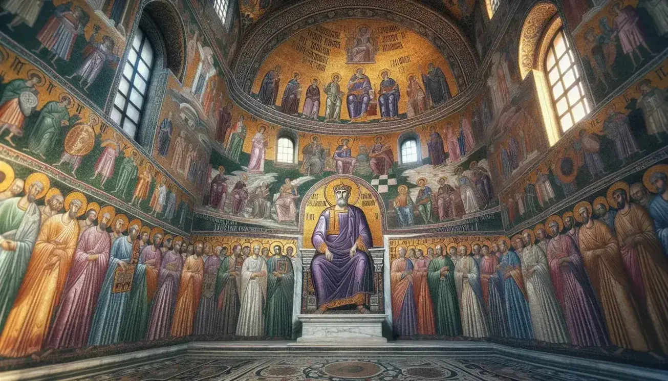 Mosaico di Giustiniano I e la sua corte nella Basilica di San Vitale a Ravenna, capolavoro dell'arte bizantina con dettagli dorati e tessere policrome.