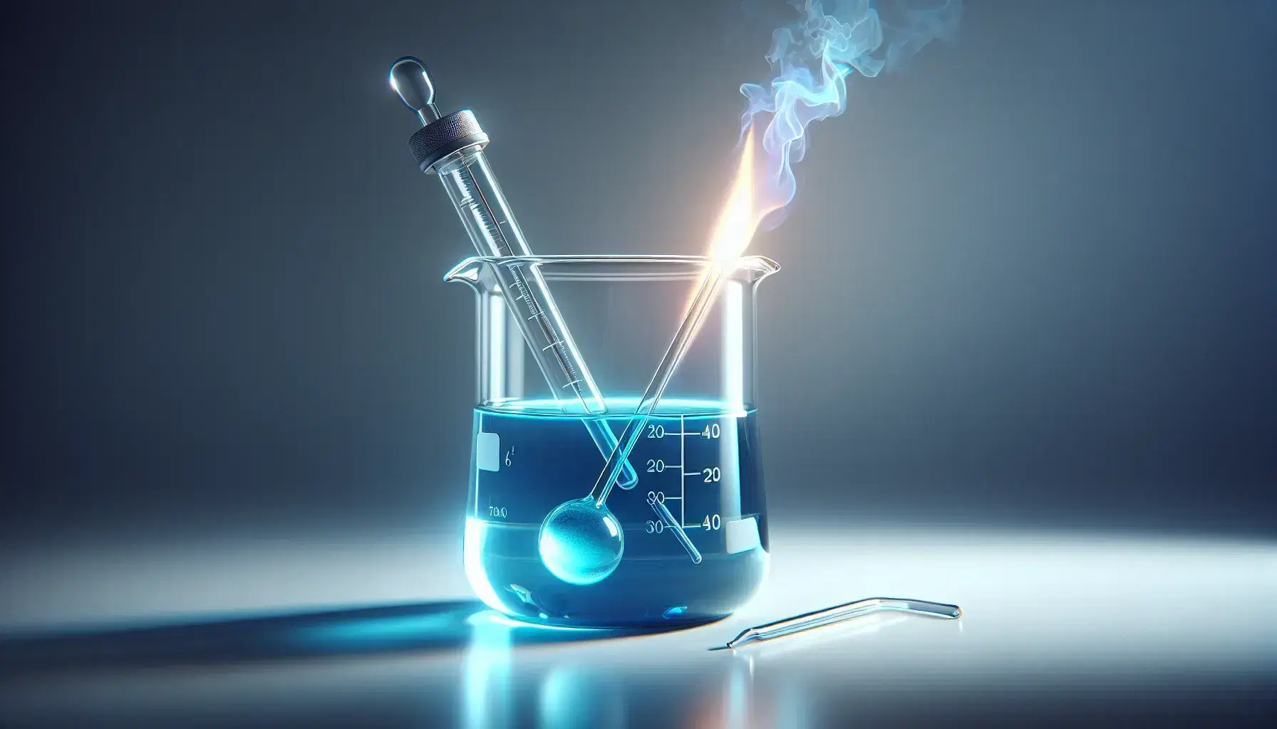 Glass beaker with lit blue liquid on white surface, lit Bunsen burner underneath and immersed thermometer, in laboratory.