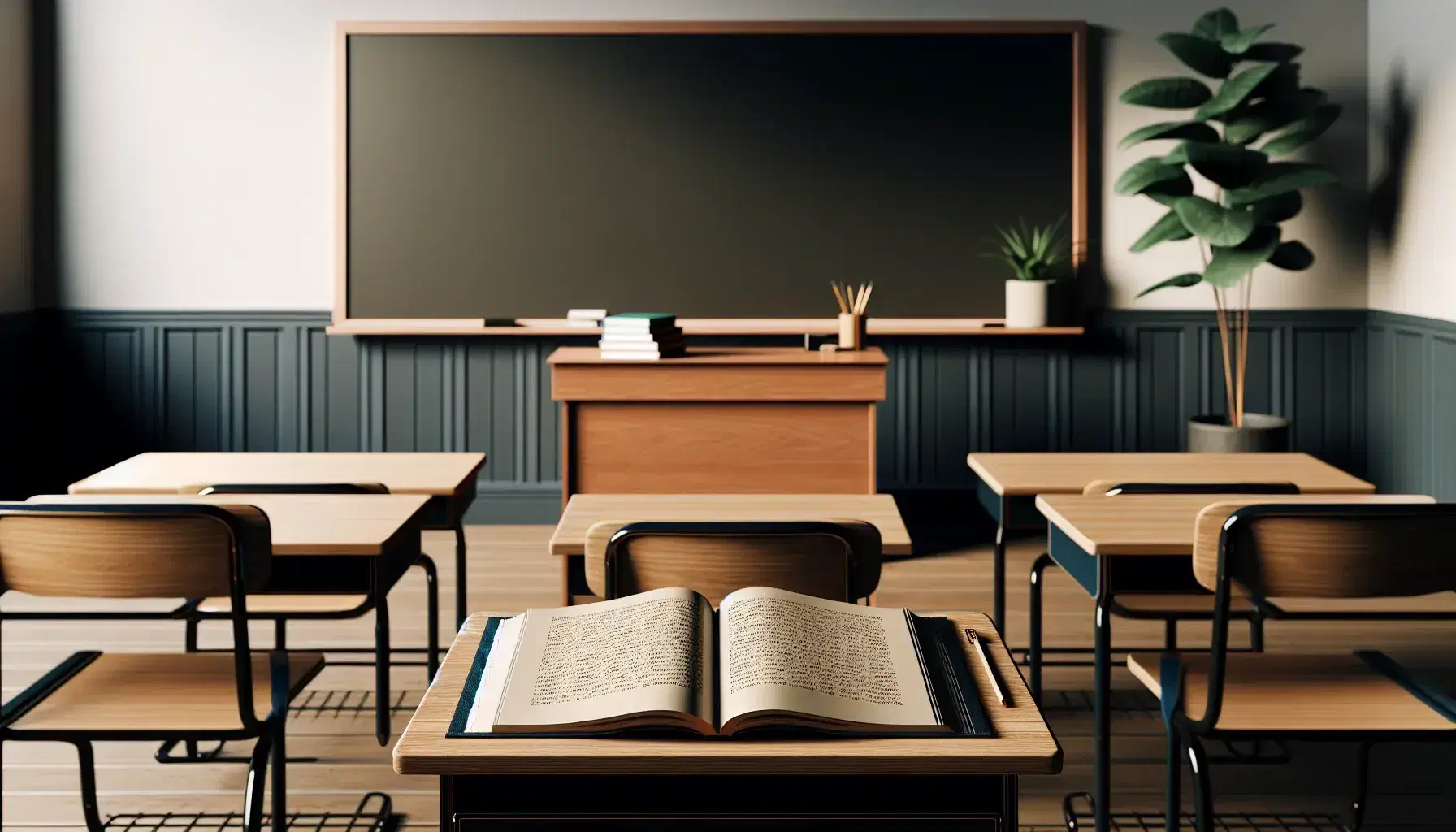 Neatly organized classroom with a teacher's desk, open textbook, green potted plant, clean blackboard, wooden student desks, and large windows with shades.
