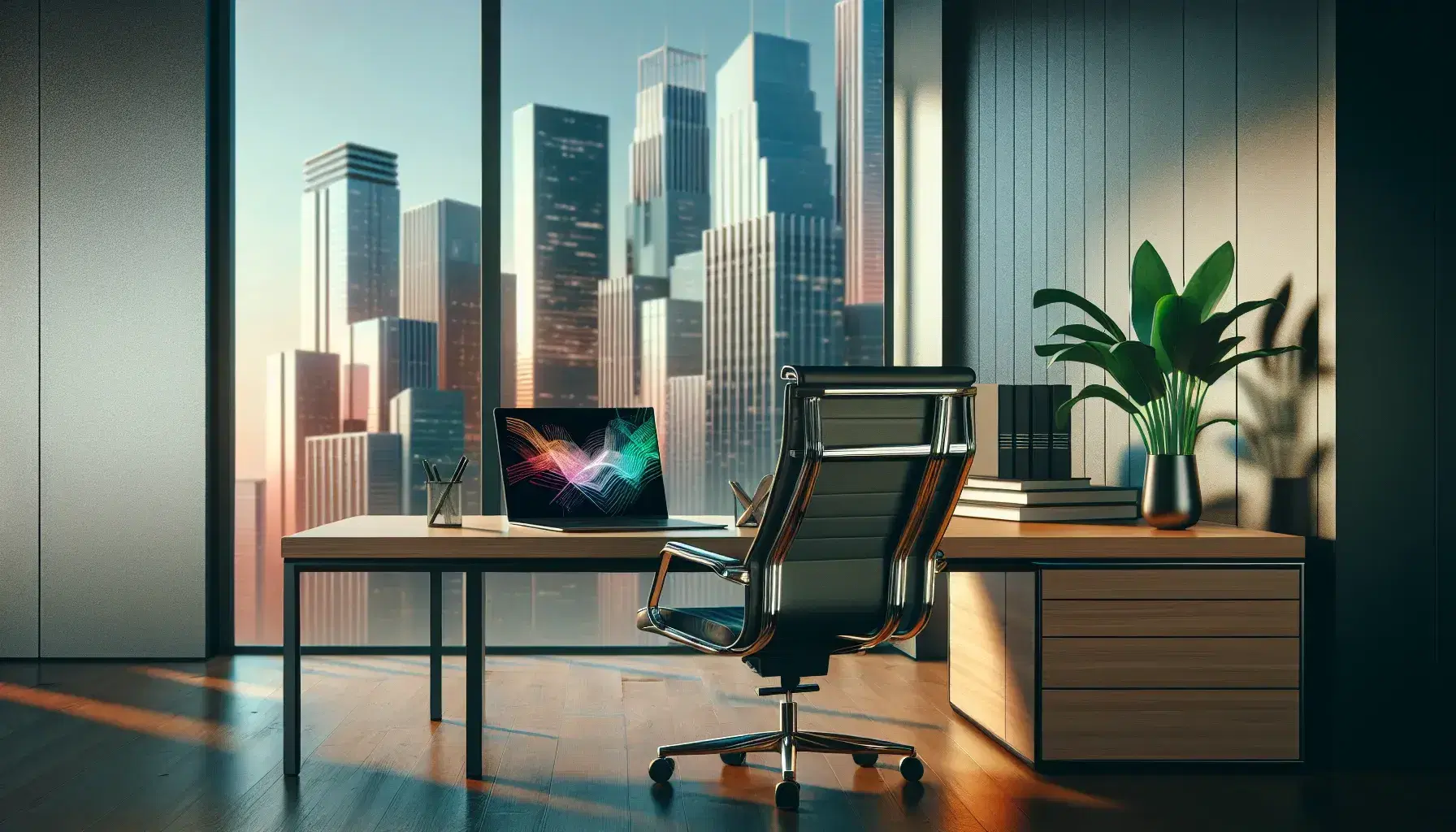 Tidy office with wooden desk, bright silver laptop, green plant, black leather chair and view of skyscrapers at sunset.