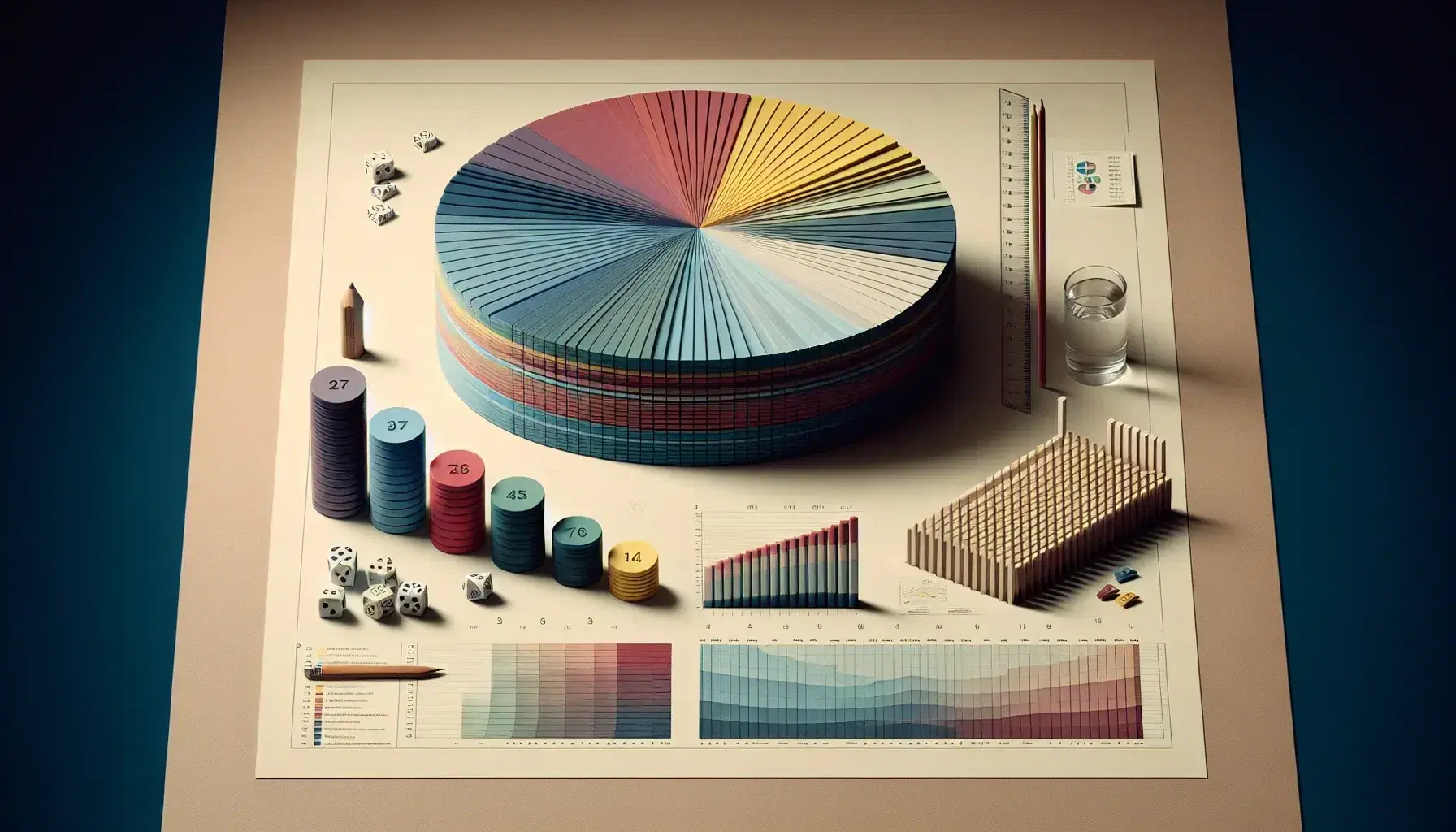 Gráficos de pastel en secuencia con segmentos coloridos y gráfico de barras en tonos azules, junto a dados, lápiz y regla sobre mesa.