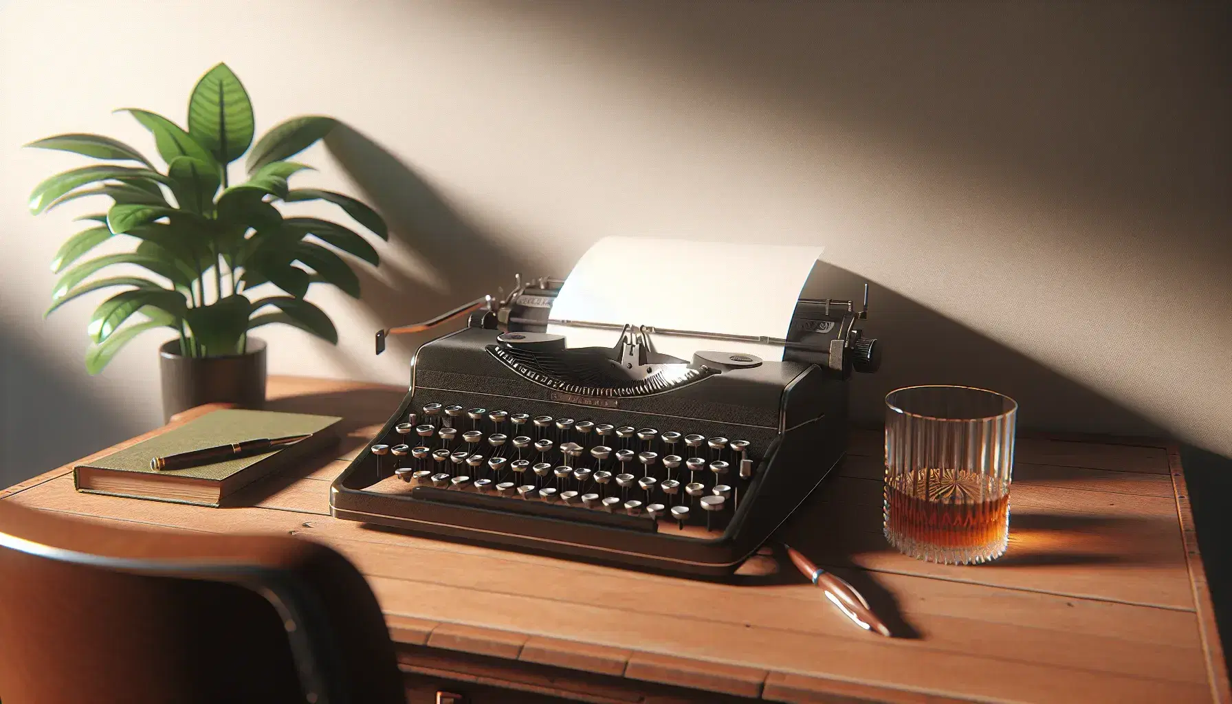 Vintage typewriter on a wooden desk with a blank sheet of paper and a glass of amber liquid beside it, complemented by a potted green plant in the background.