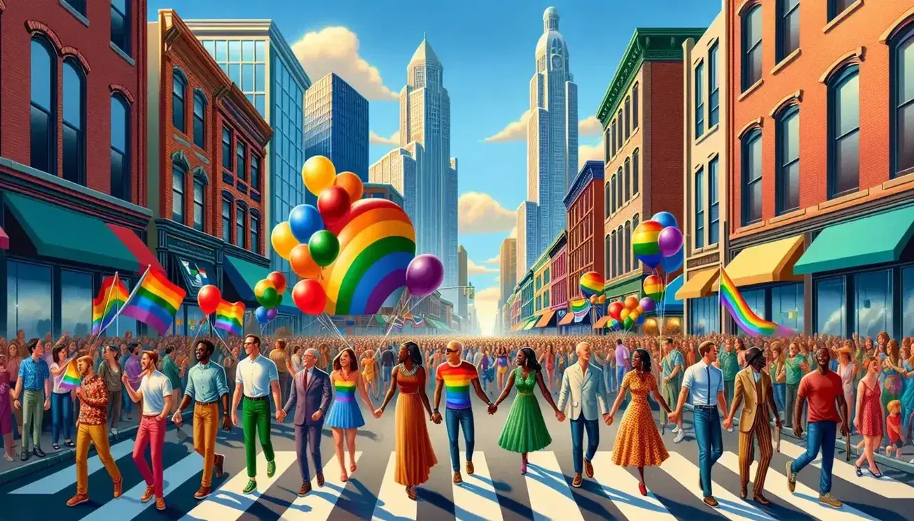 Street party in New Jersey with parade participants in rainbow outfits and colorful balloons, surrounded by diverse spectators against urban background.