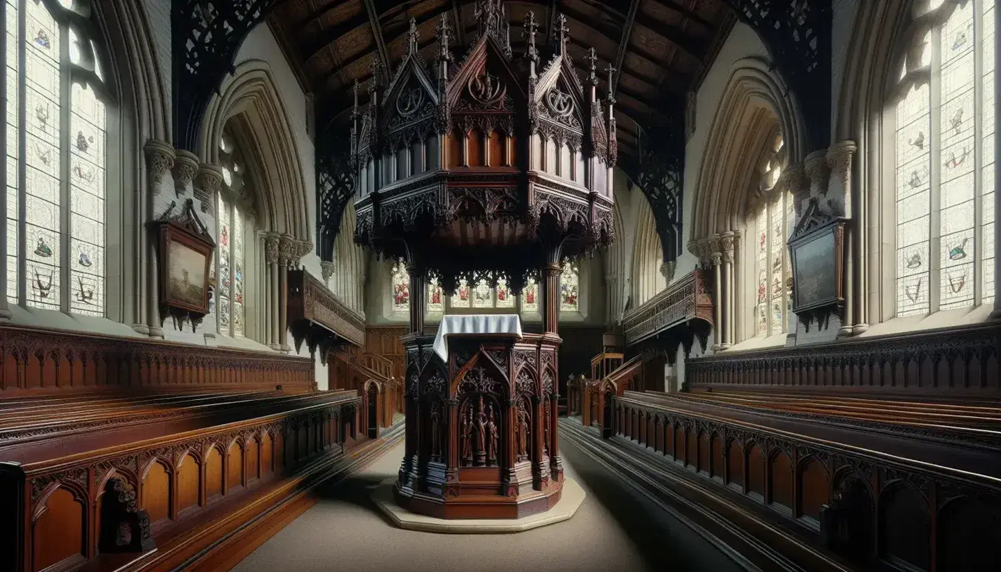 Edwardian-era Church of England interior with a carved wooden pulpit, empty pews, an altar with a white cloth, and a wooden cross, bathed in stained glass light.
