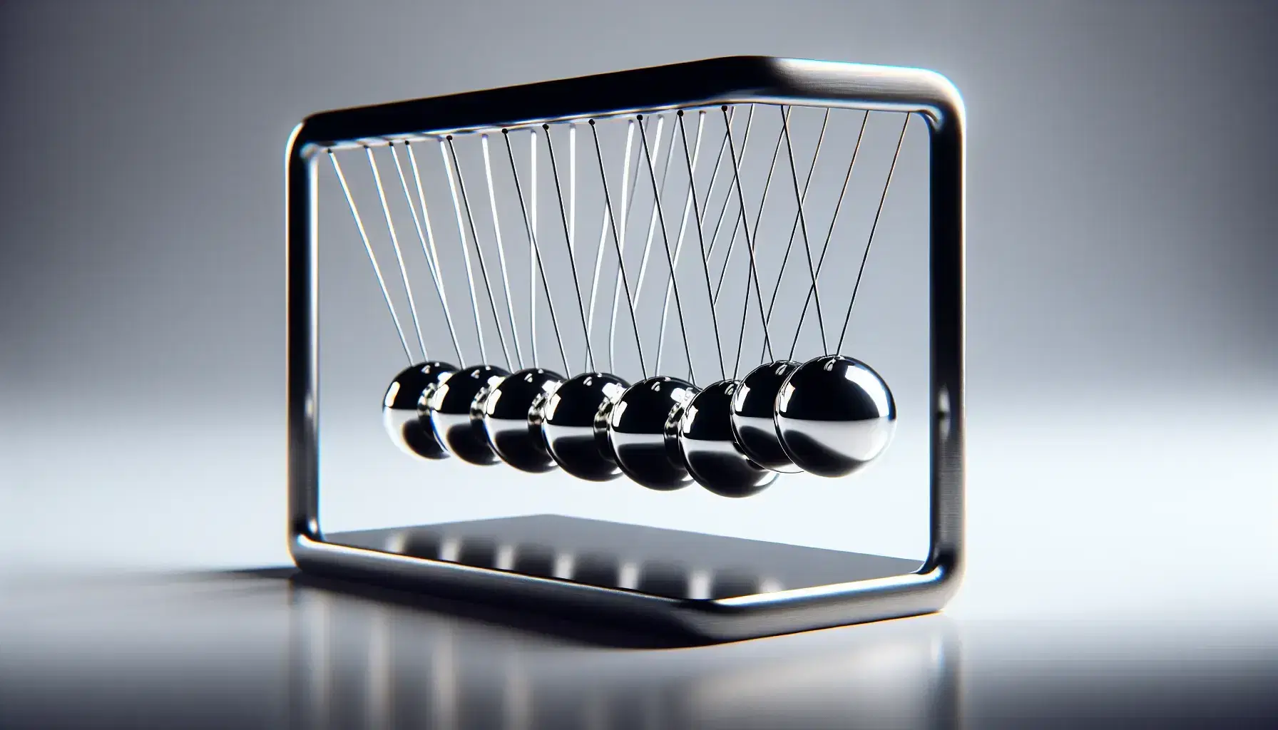 Newton's cradle with polished steel balls suspended from a black frame, one ball in motion against a gradient background, showcasing momentum transfer.