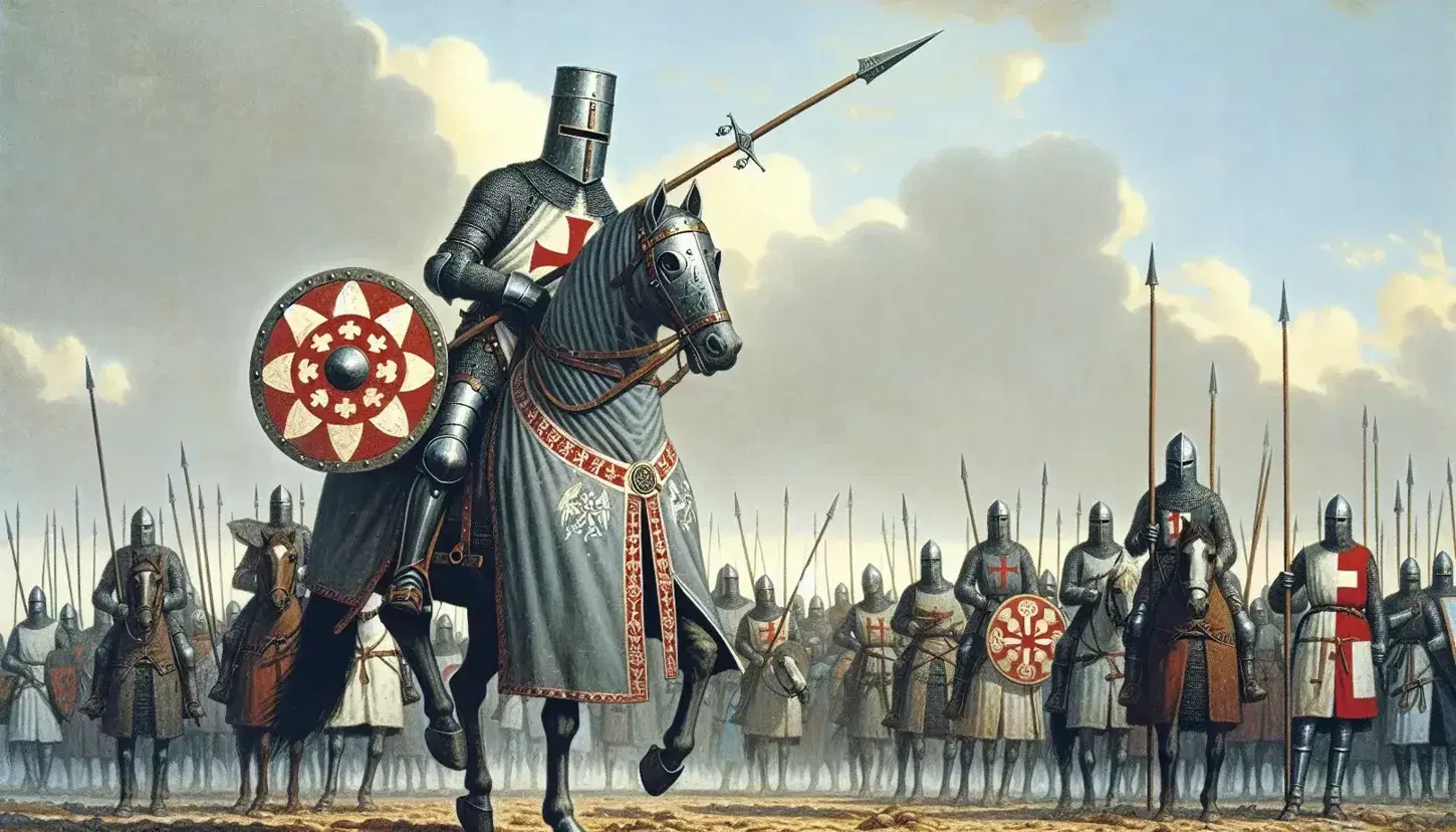 Cavaliere in armatura su cavallo grigio con lancia e scudo rotondo in scena di battaglia medievale evocativa delle Crociate.