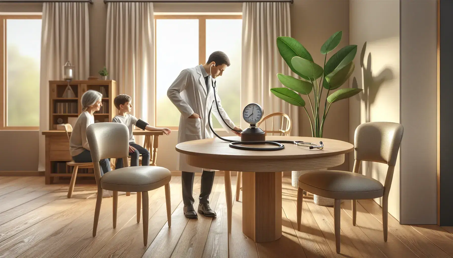 Interior de una consulta médica en casa con una mesa y sillas, un estetoscopio y un tensiómetro sobre la mesa, y una familia interactuando con un profesional de la salud.